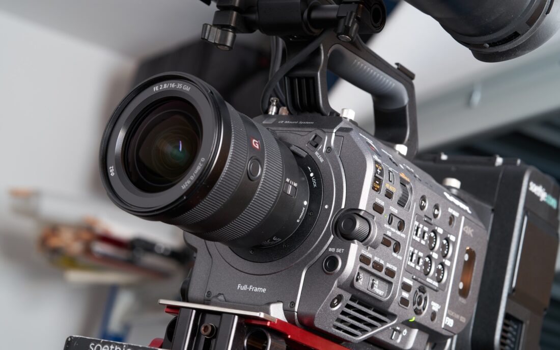 Cinema camera with lens and monitor, ready to shoot