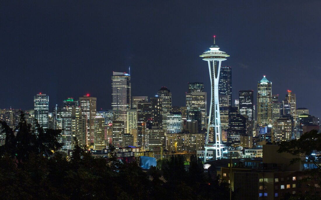 Seattle at night, the Space Needle among the towers