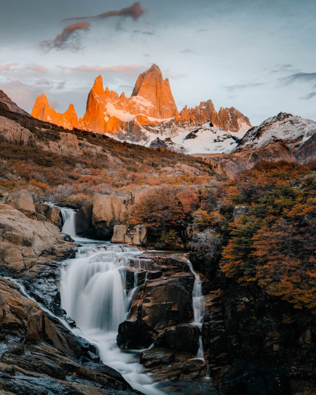 Fitz Roy at first light, above the cascades