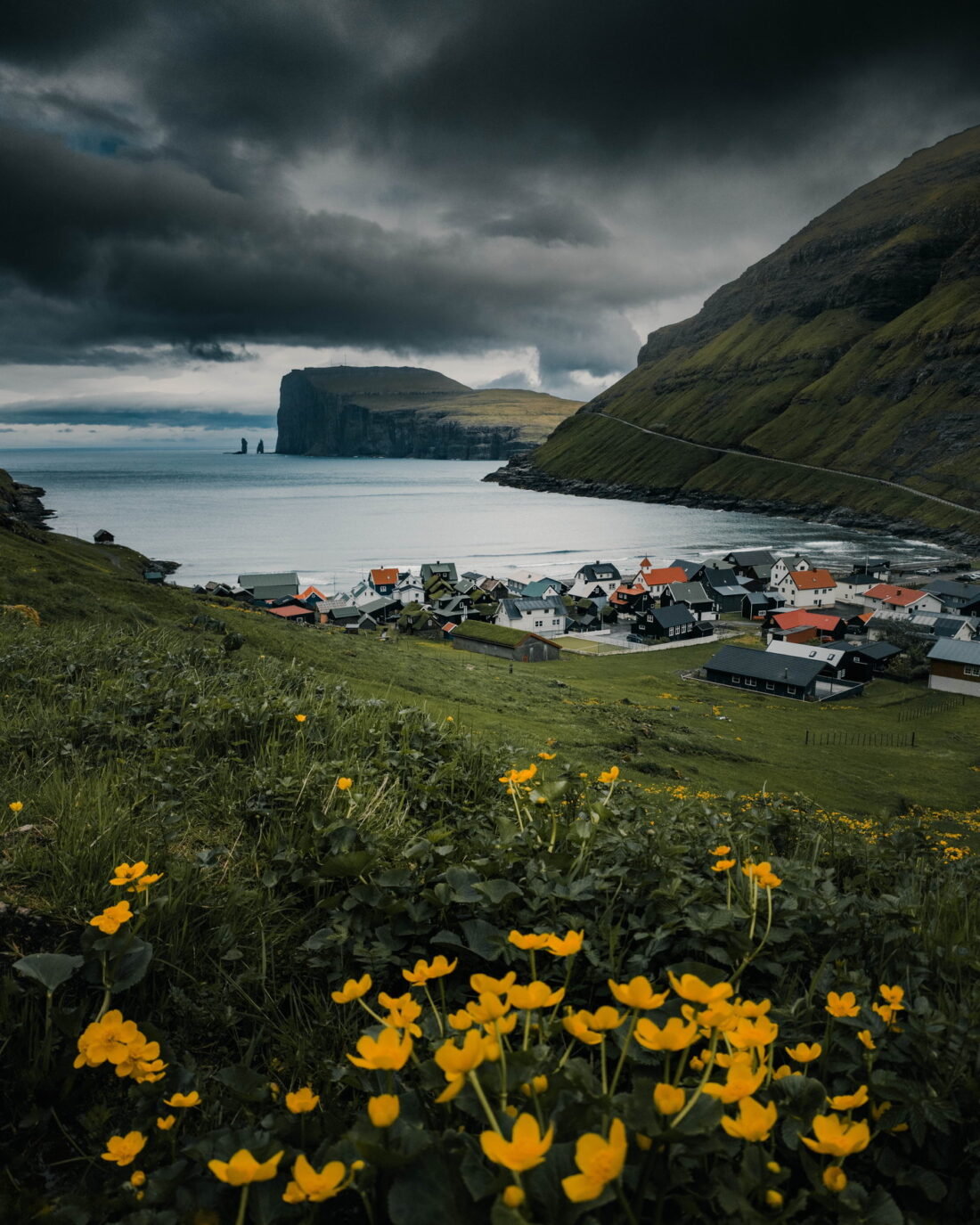 Village under a dark sky